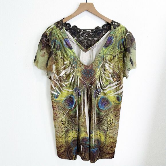 One World Top Womens 2X Plus Green Colorful Artsy Boho Embellished Comfy‎ Soft - Picture 1 of 16